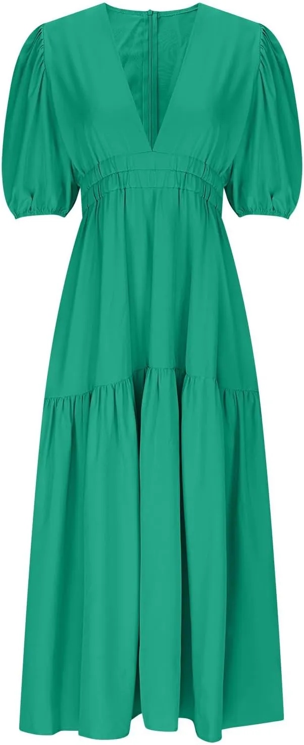 Womens Puff Sleeve Maxi Dress Summer Deep V Neck Casual Flowy Midi Dress Sexy Elastic High Waist A Line Midi Dresses