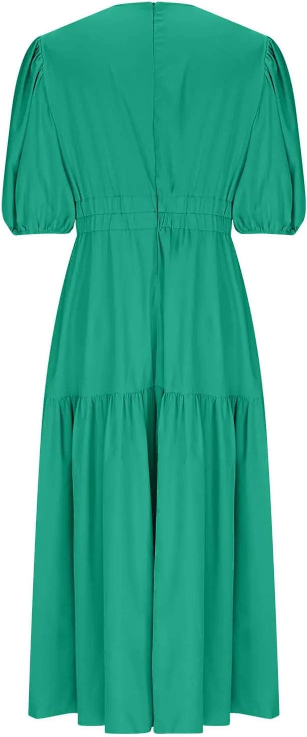 Womens Puff Sleeve Maxi Dress Summer Deep V Neck Casual Flowy Midi Dress Sexy Elastic High Waist A Line Midi Dresses