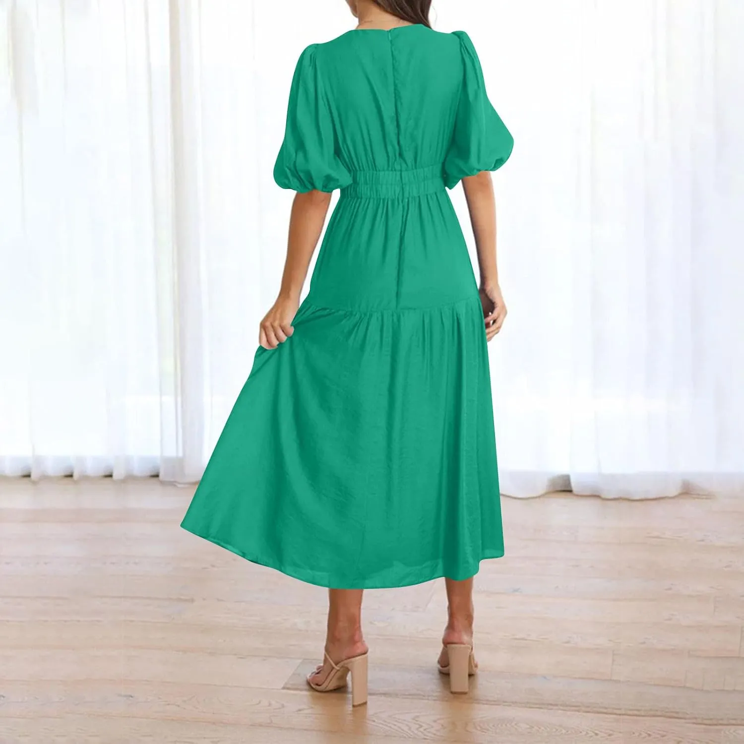Womens Puff Sleeve Maxi Dress Summer Deep V Neck Casual Flowy Midi Dress Sexy Elastic High Waist A Line Midi Dresses