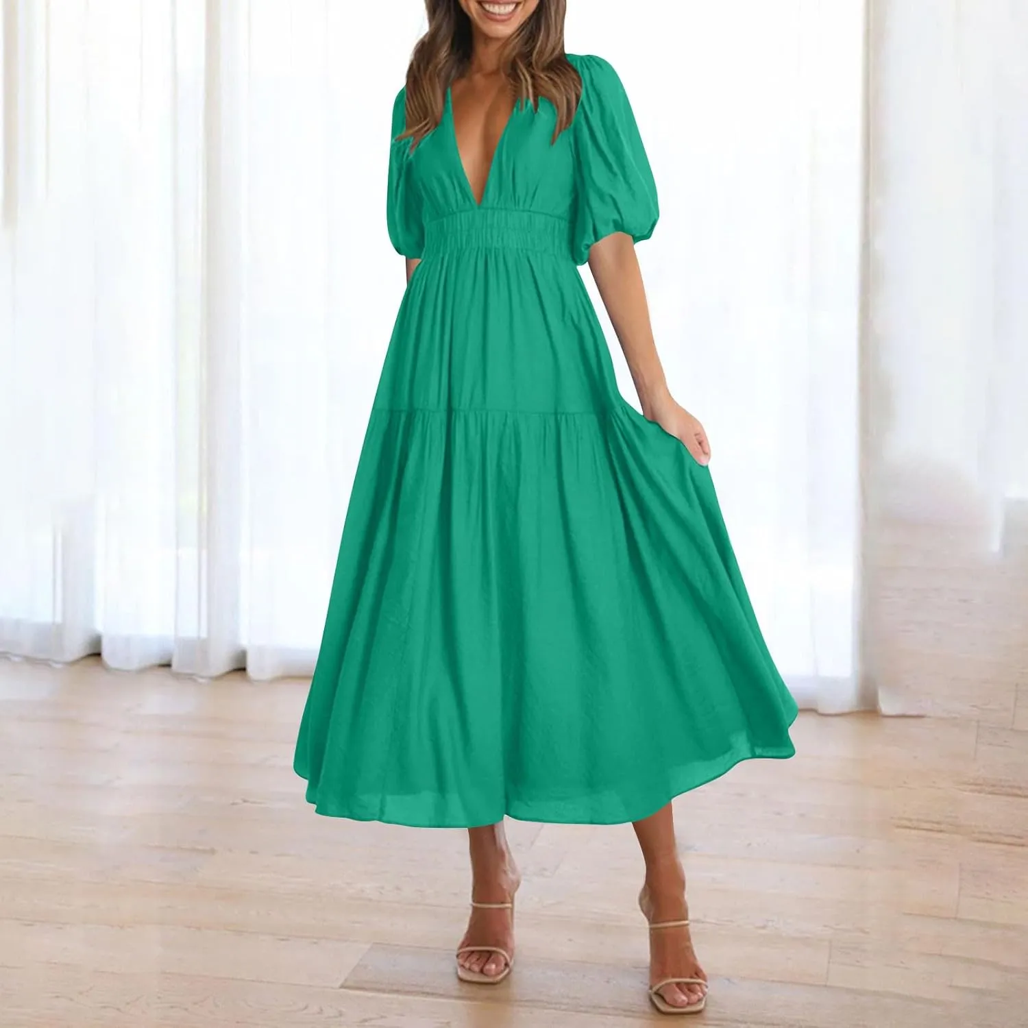 Womens Puff Sleeve Maxi Dress Summer Deep V Neck Casual Flowy Midi Dress Sexy Elastic High Waist A Line Midi Dresses