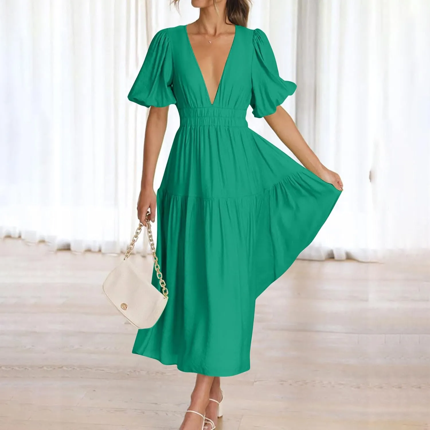 Womens Puff Sleeve Maxi Dress Summer Deep V Neck Casual Flowy Midi Dress Sexy Elastic High Waist A Line Midi Dresses