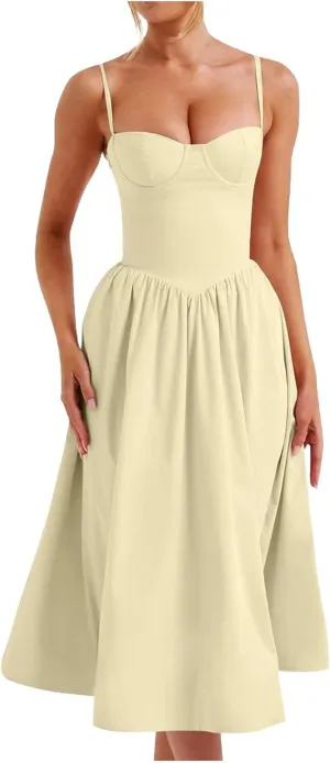 Women's Summer Corset Midi Dress 2025 Summer Spaghetti Strap Low Cut Bust Dress Beach Party Maxi Dresses