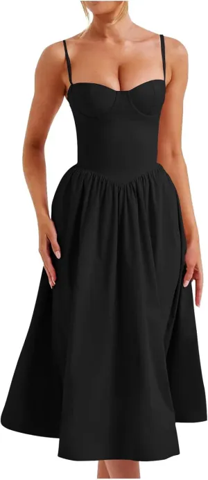 Women's Summer Corset Midi Dress 2025 Summer Spaghetti Strap Low Cut Bust Dress Beach Party Maxi Dresses