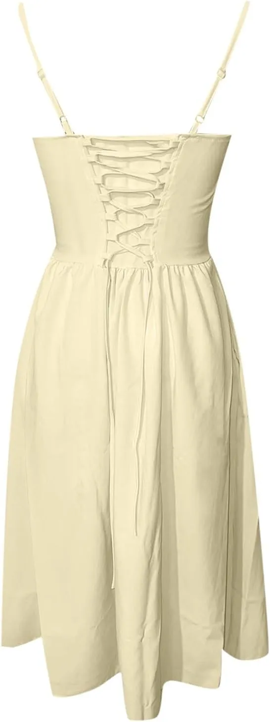Women's Summer Corset Midi Dress 2025 Summer Spaghetti Strap Low Cut Bust Dress Beach Party Maxi Dresses
