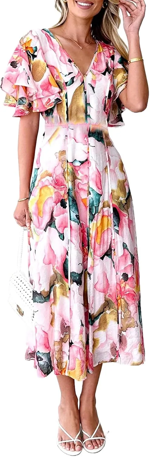Womens V Neck Flutter Sleeve Boho Midi Dress Summer Wedding Guest Beach Party Long Dresses