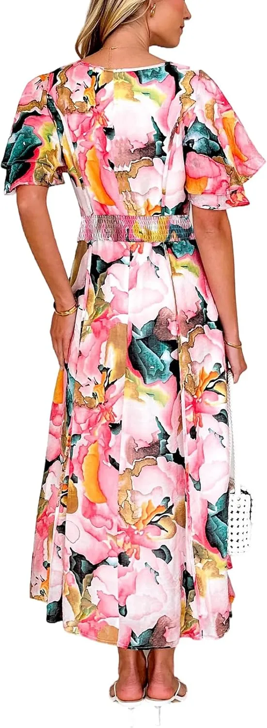 Womens V Neck Flutter Sleeve Boho Midi Dress Summer Wedding Guest Beach Party Long Dresses