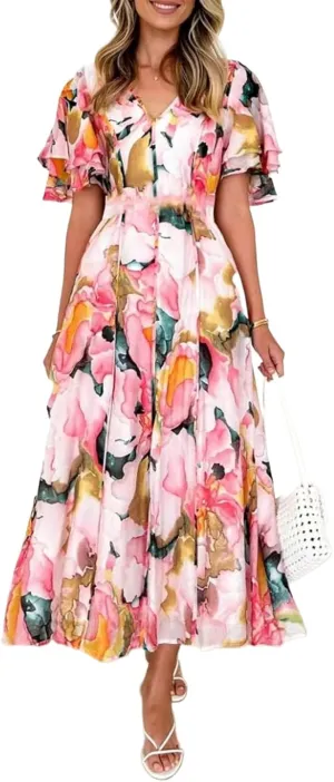 Womens V Neck Flutter Sleeve Boho Midi Dress Summer Wedding Guest Beach Party Long Dresses
