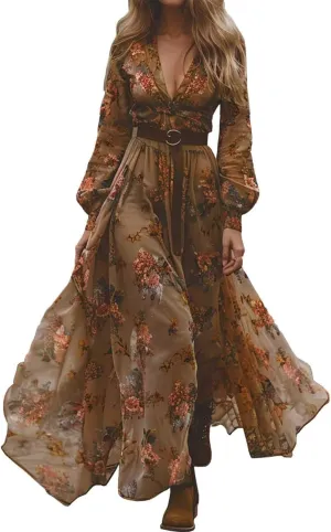 Women's Vintage Pastoral Flower Long Dress Trendy 2025 Sexy V-Neck Long Sleeve Western Dress Summer Casual Maxi Dress