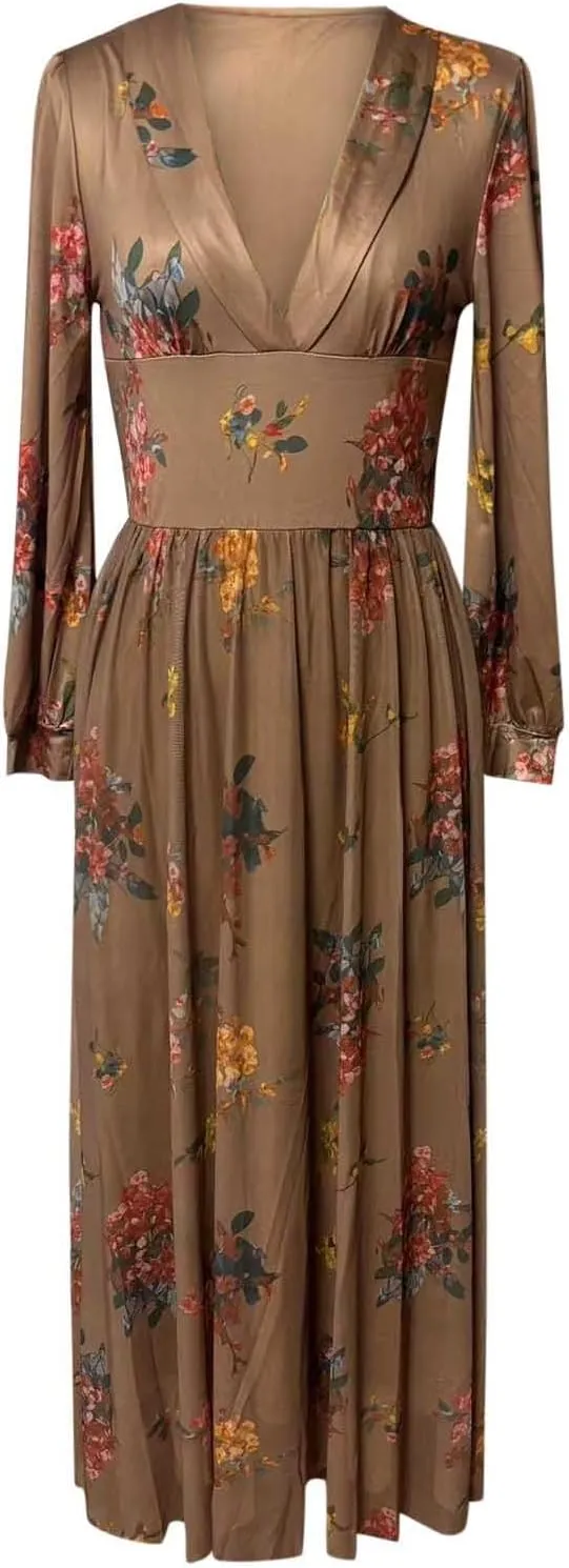 Women's Vintage Pastoral Flower Long Dress Trendy 2025 Sexy V-Neck Long Sleeve Western Dress Summer Casual Maxi Dress