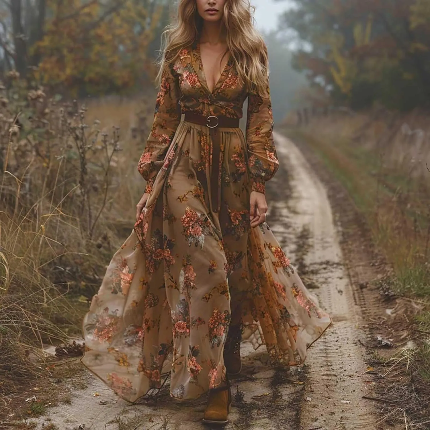 Women's Vintage Pastoral Flower Long Dress Trendy 2025 Sexy V-Neck Long Sleeve Western Dress Summer Casual Maxi Dress