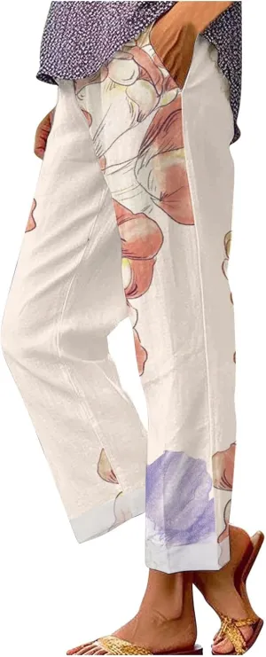 Women'sLounge Pants Women Solid Straight Solid Elastic Pants Long Drawstring Linen Women Lightweight Tapered Lounge