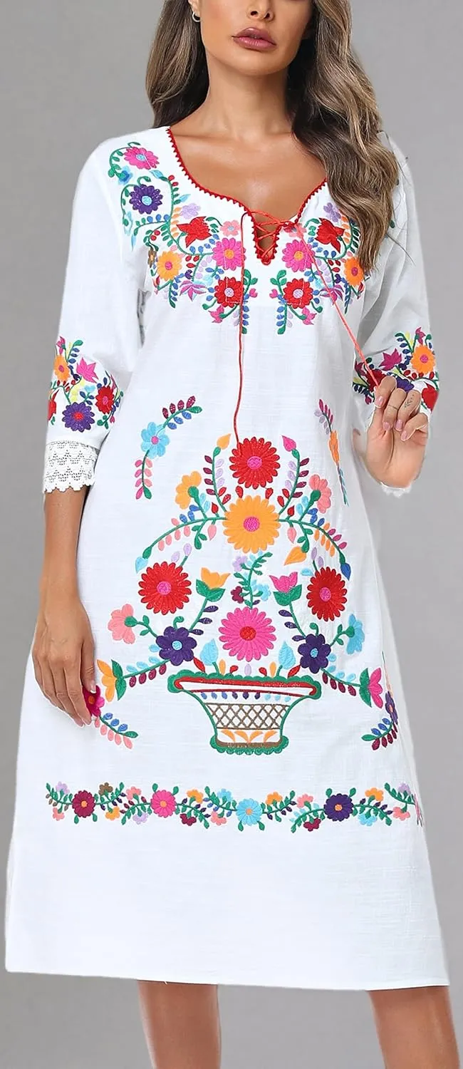 YZXDORWJ Women Embroidered Mexican Present Lace Sleeves Party Floral Traditional Bridesmaid Dress.