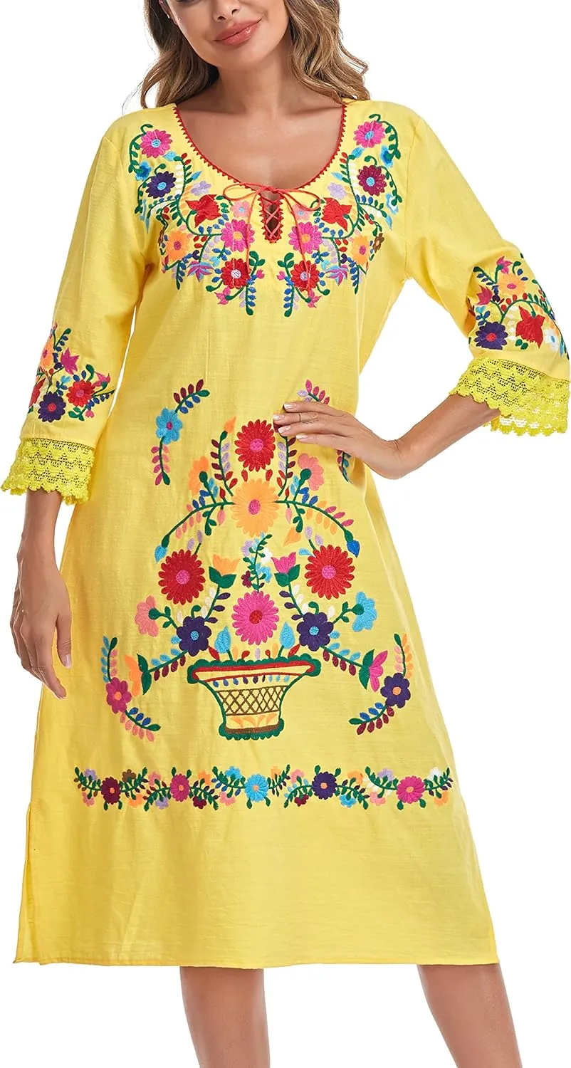YZXDORWJ Women Embroidered Mexican Present Lace Sleeves Party Floral Traditional Bridesmaid Dress.