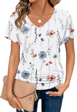 Zeagoo Women's Short Sleeve Shirts V Neck Blouse Ruched Business Casual Basic Tunic Tops S-3XL