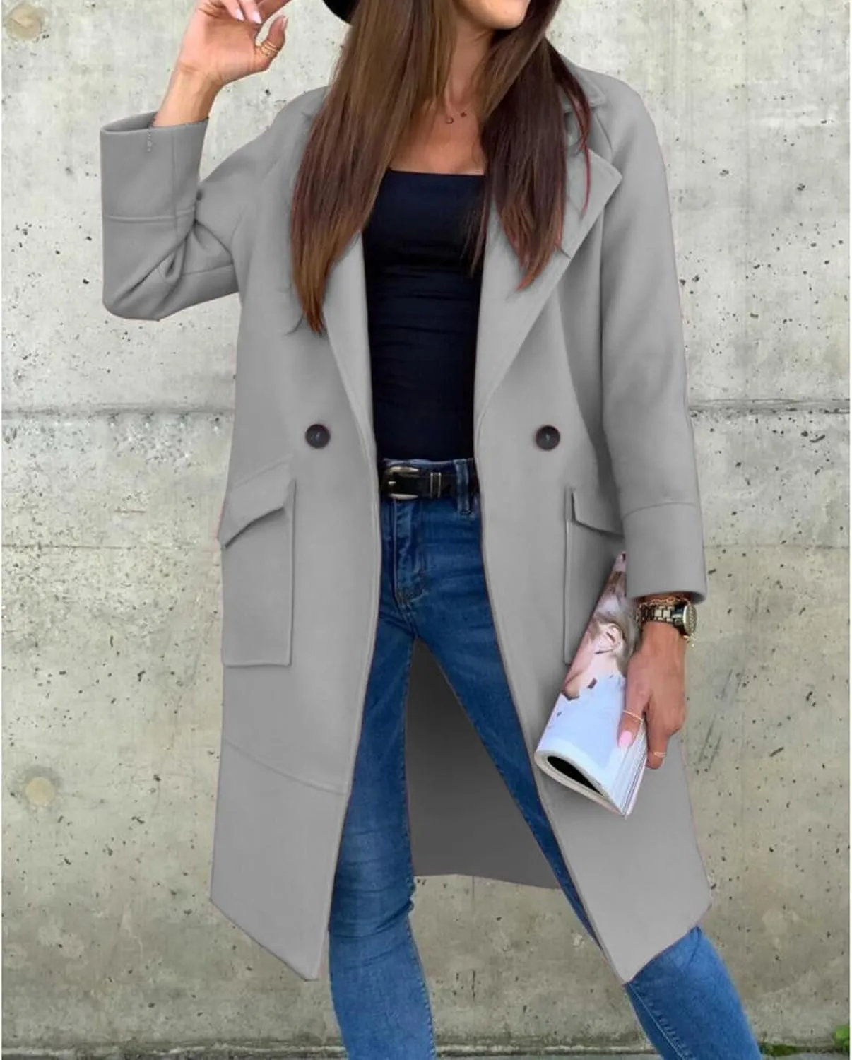 ZWRXW Women's Long Blazer Jackets Open Front Double Breasted Lapel Cardigans Loose Fit Business Work Overcoats with Pockets